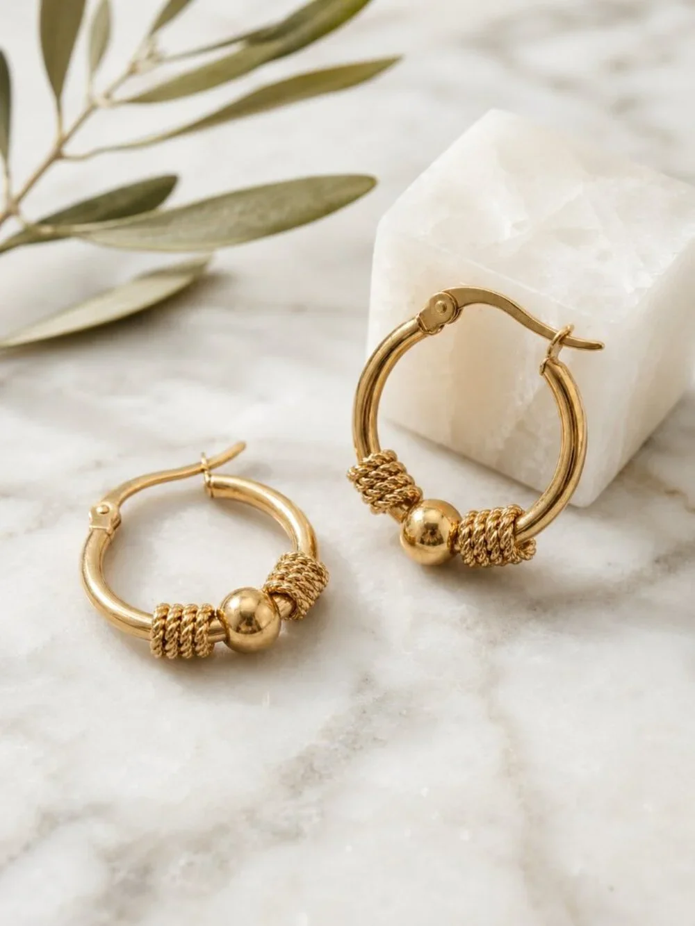 18K Gold Plated Rope Knot Ball Bead Hoop Earrings SS Boho Chic Minimalist 0.9